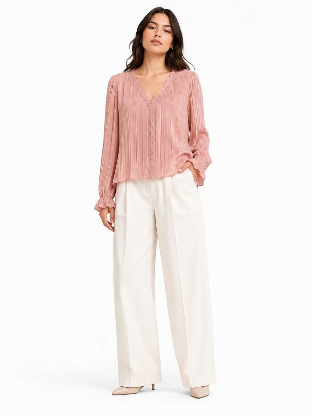 4/$20➡️ Soft Pink Pleated Blouse Lace Trim & Flouncy Sleeves – Size Large NWoT